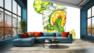 Refreshing summer drink with lime, orange and mint in a glass with ice and a straw. Wall mural