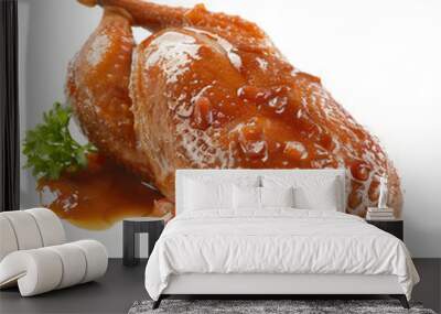 Roasted chicken with brown gravy on a white plate. Wall mural