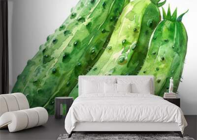 Three green cucumbers painted in watercolor style. Wall mural