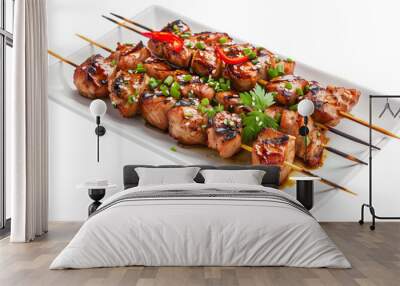 Yakitori on white plate isolated on white background Wall mural