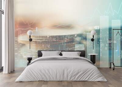 Double exposure of city , graph and rows of coins for finance and banking concept Wall mural