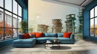 Double exposure of city and rows of coins for finance and banking concept Wall mural