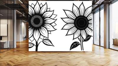 Black and white sunflower outline vector illustration set - sunflower line art - spring summer sunflower monochrome doodle silhouette clip art - sunflower logo Wall mural