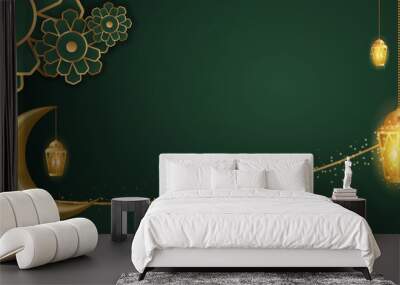 3D Ramadan decoration on green and gold. Islamic header or horizontal banner luxury look. Special day of ramadan, eid mubarak with lantern and a flower Wall mural