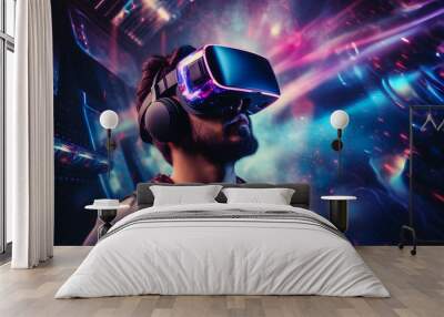 Digital cyber world technology metaverse, man with virtual reality VR goggle playing augmented reality AR games and entertainment, futuristic lifestyle Wall mural