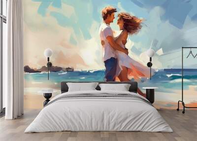 Happy, lifting and couple at beach with love, summer and travel for vacation by ocean. Man, women and hug at sea on sand with romance, smile and freedom or peace for holiday Wall mural