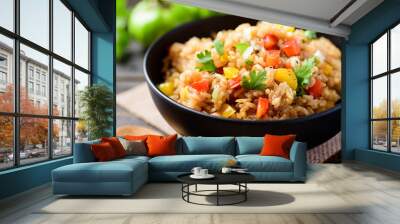 Fried rice with vegetables in a black bowl, Asian food	 Wall mural