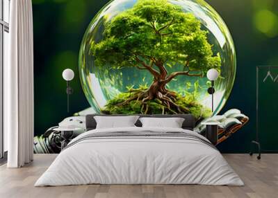 Earth crystal glass globe ball and tree in robot hand saving the environment, save a clean planet, ecology concept. technology science of environment concept for the development of sustainability.  Wall mural