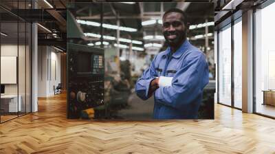 Factory african american worker or technician looking at camera and cross his arms with confident action.Industrial engineer at manufacturing plant. Wall mural