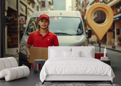 a delivery man and delivery van in red brand parked, drop shop point Wall mural