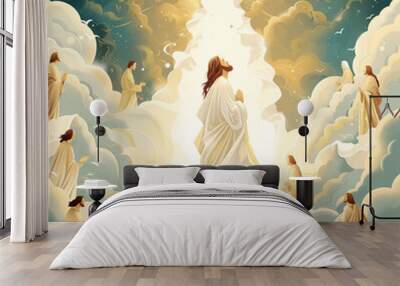 A powerful illustration capturing a moment of divine revelation, with a radiant figure at the center embraced by light and ascending doves Wall mural