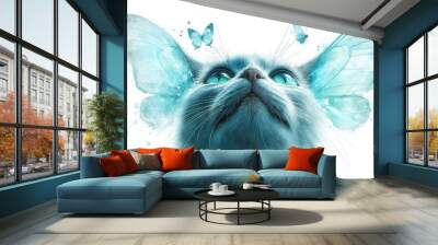 Cute Blue Cat with orange Butterfly Watercolor Wall mural