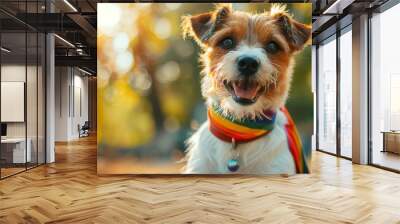 Happy Dog Wearing Rainbow Bandana in Sunlit Park Wall mural