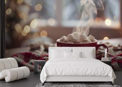 Steaming hot cocoa with marshmallows in a cozy setting, food, winter warmth Wall mural