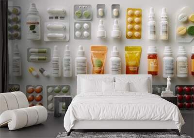 Variety of health and beauty products, including pills, capsules, and creams, arranged aesthetically on a clean surface. Wall mural