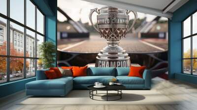 Car Race championship trophy on podium with blurred circuit background Wall mural