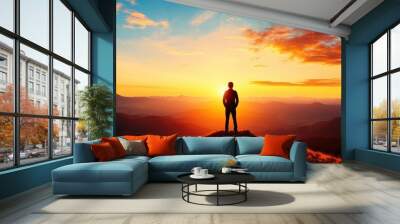 A figure standing on a hilltop under a rising sun, gazing at a clear horizon, symbolizing hope and a visionary new beginning new beginnings, hope vision Wall mural