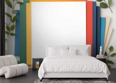 A vibrant rainbow-colored picture frame, bold geometric design, surrounding a blank photo space, isolated on white background Wall mural