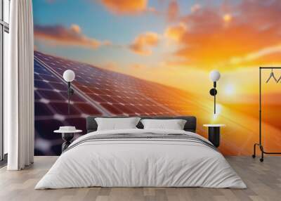 A vibrant sunset reflecting off solar panels, capturing the beauty of renewable energy and sustainable technology at dusk. Wall mural