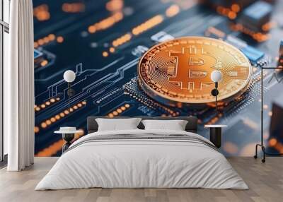 Close-up of a gold cryptocurrency coin on a modern circuit board with glowing elements, representing digital finance and innovation. Wall mural