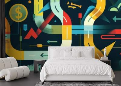 Create a digital illustration depicting a seamless flow of cash moving between various financial entities, such as banks, businesses, and individuals Use arrows, curves, and other graphical elements t Wall mural