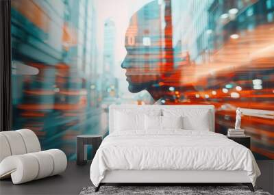 Double exposure of a woman's silhouette with a cityscape background, featuring blurred motion and light trails for a dynamic urban feel. Wall mural