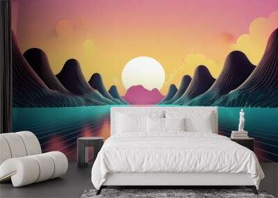 Futuristic landscape with vibrant sunset over water, reflecting mountains, and colorful sky. Perfect for digital art and sci-fi projects. Wall mural