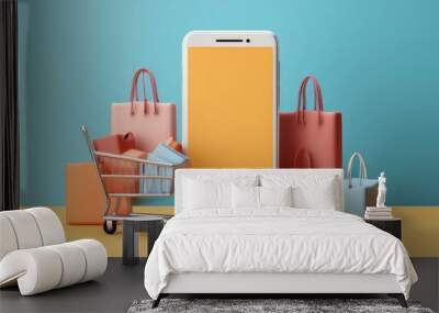 Online shopping concept with smartphone, shopping cart, and bags on colorful background. Mobile commerce and retail technology. Wall mural