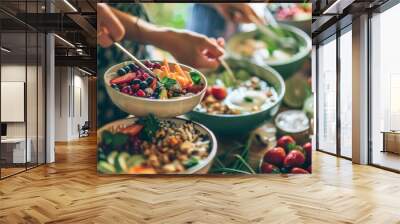 Organize a wellness retreat focused on healthy eating and mindful living, featuring daily smoothie bowl workshops, yoga sessions, and wellness seminars in a tranquil natural setting Wall mural