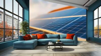 Sleek modern house with photovoltaic solar roof, sun rays illuminating panels, representing high energy efficiency and renewable energy, solar roof, photovoltaic efficiency Wall mural