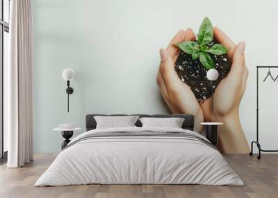 Two hands softly cradling a tiny plant with soil on a white background, with space for text Wall mural