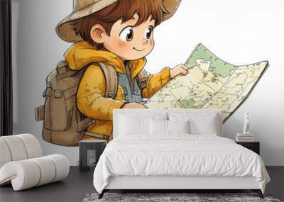 A cheerful boy with a backpack and map exploring the outdoors Wall mural