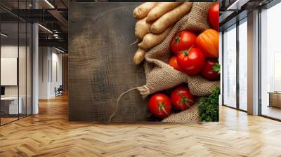 A vibrant basket overflowing with fresh, wholesome vegetables, including tomatoes, greens, cucumbers, and onions, ready to be transformed into a delicious and nutritious salad or vegetarian dish Wall mural