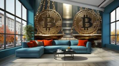 Bitcoin Coins on Scales Symbolizing Balance and Value Wall mural