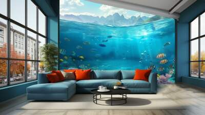 Colorful underwater map with vibrant reefs, sandy beaches, and diverse marine life under a sunny sky, surrounded by clear blue waves Wall mural