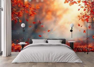 Cozy autumn scene with warm colors and falling leaves, ample copy space Wall mural