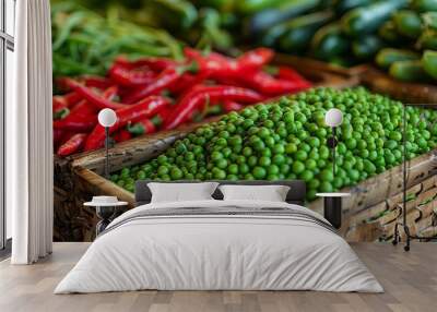 Food ingredients, chilies, green peas, in a square basket in the market Wall mural