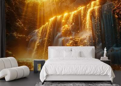 fountain in the night A high-resolution epic scene of a golden waterfall  Wall mural