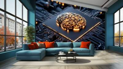 Golden Brain Design on Circuit Board Surface Wall mural