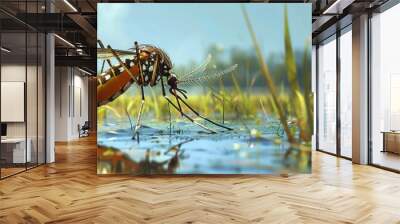 Illustration of a mosquito near a swamp with ample copy space, vibrant colors, and professional design Wall mural