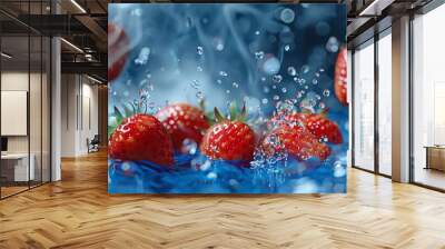 Playful splash of blue water with ample copy space, accented by floating strawberries and smoke for an engaging template Wall mural