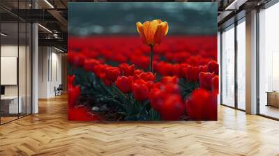 red and yellow tulips, Field of red tulips with single yellow tulip  Wall mural