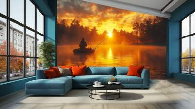 Serene Fishing at Sunrise on a Calm Lake Wall mural