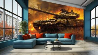 Tank surrounded by soldiers in combat, armored vehicle ablaze, lone soldier with heavy weaponry, green conflict history Wall mural