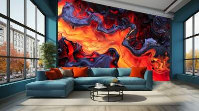 liquid Molten lava flow over solidified black magma background Wall mural