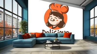 Cute woman slurp tongue cartoon wearing chef hat mascot illustration logo Wall mural