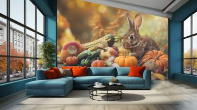 A bunny nibbling on vegetables in a fall floral arrangement with a Thanksgiving theme Wall mural