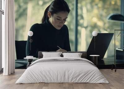 A business woman sits at her desk, reviewing documents with a focused expression. Wall mural