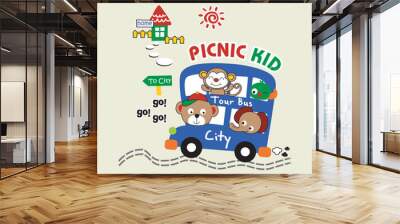 a group of cute animals on a sightseeing tour bus,design cartoon vector illustration Wall mural