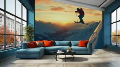 A young ice skater performs an aerial maneuver from a snow-covered jump. Wall mural